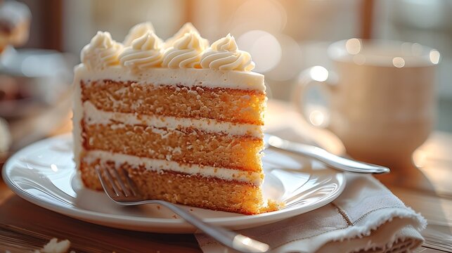 Slice of vanilla cake, bright warm lighting, creamy frosting, moist layers, white plate, fork, soft focus background, macro food photography, golden hour glow.