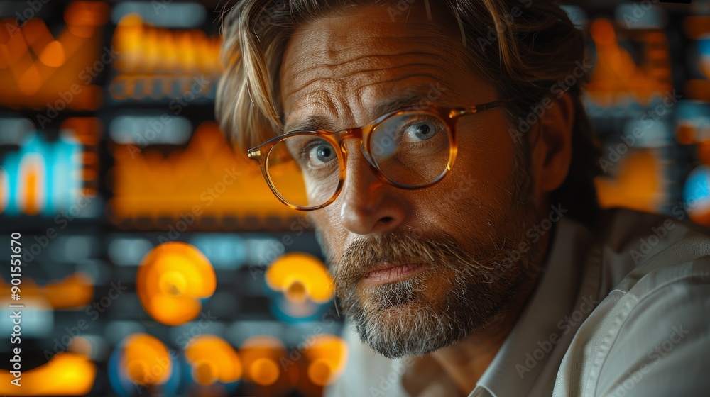 Poster focused man analyzing data on screens in a dimly lit control room at night. generative ai