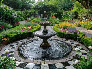 Elegant English Garden with Hedges, Flowers, and Checkerboard Stone Tiles

