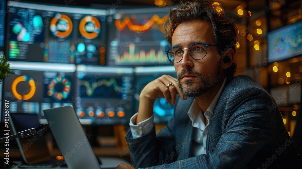 Poster professional working late in a modern office with data analytics screens. generative ai