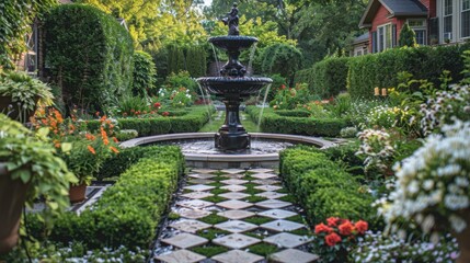 Elegant English Garden with Hedges, Flowers, and Checkerboard Stone Tiles

