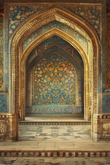 Ancient Persian Palace Frame with intricate mosaics, golden arches, and lush gardens. 