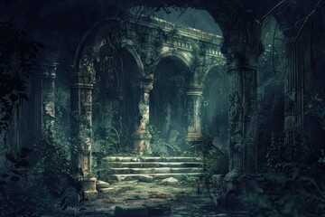 Ancient overgrown temple ruins in a jungle