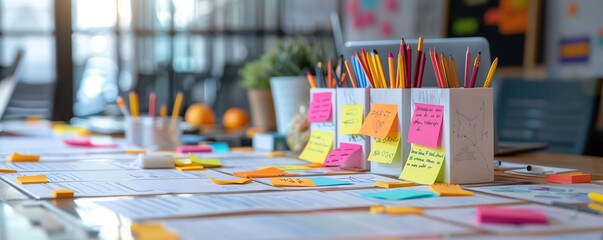 Team brainstorming with sticky notes on whiteboard.