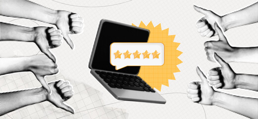 Trendy Halftone Collage computer with five star rating. Hands with thumbs up and thumbs down gestures. Online feedback. Yes or no choice banner. Quality review. Contemporary vector illustration art