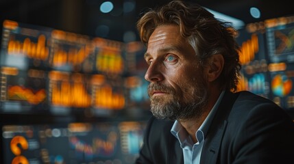 Focused Professional Analyzing Financial Data in Modern Trading Room With Bright Displays. Generative AI