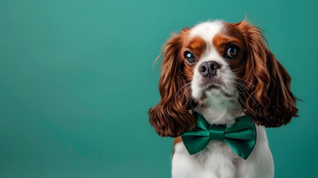 Cute dog with a green bowtie on the color background.