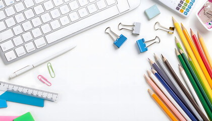 Flat lay school supplies and computer keyboard on white background. Back to school,