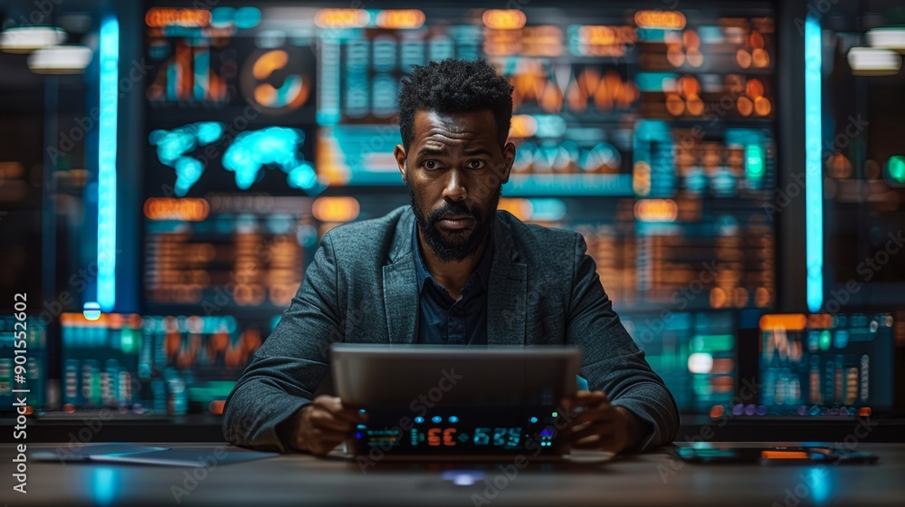 Poster professional data analyst working late at high-tech control room surrounded by monitors. generative 