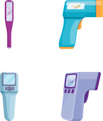 Modern thermometer icons set cartoon vector. Contact and contactless thermometer. Measuring device