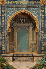 Ancient Persian Palace Frame with intricate mosaics, golden arches, and lush gardens. 