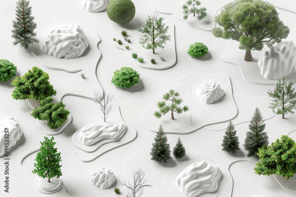 Poster 3d model of miniature trees and landscape elements, displaying a diverse range of vegetation and ter