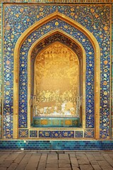 Obraz premium Ancient Persian Palace Frame with intricate mosaics, golden arches, and lush gardens. 