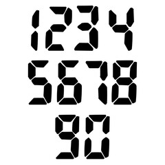 Outline hand drawing of digital numbers. Set of digital display digits. Black numbers, numerals. Scoreboard, clock, stopwatch, calculator, electronic meter. Seven segment. Vector doodle illustration