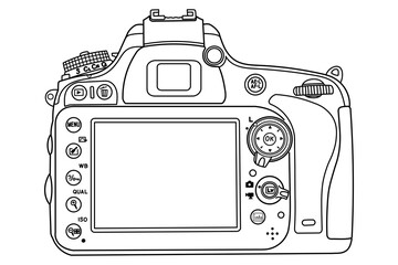 Hand drawing old DSLR modern digital full frame photo camera. Top view, top side. Isolated doodle vector illustration. Vector outline contour illustration