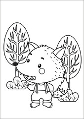 a vector of a coloring page of a wolf in the forest