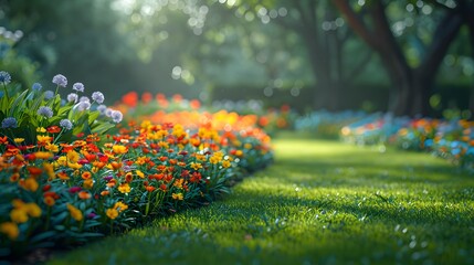 Vibrant flower garden, lush green lawn, curved garden path, colorful blooms, marigolds, alliums, lavender, daisies, dappled light through trees.
