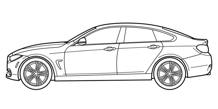 Ivano-Frankivsk, Ukraine - 28 July 2024: Outline drawing of a BMW 4 Series consists of the BMW F36 (five-door liftback version, marketed as Gran Coupe) compact executive cars.