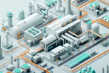 Fototapeta premium A detailed 3D rendering of a futuristic industrial complex with advanced machinery, pipes, and structures in various shades of green and gray.