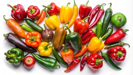 Vibrant assortment of colorful bell peppers, jalapenos, and chili peppers in various shapes and sizes on a white background illustration.
