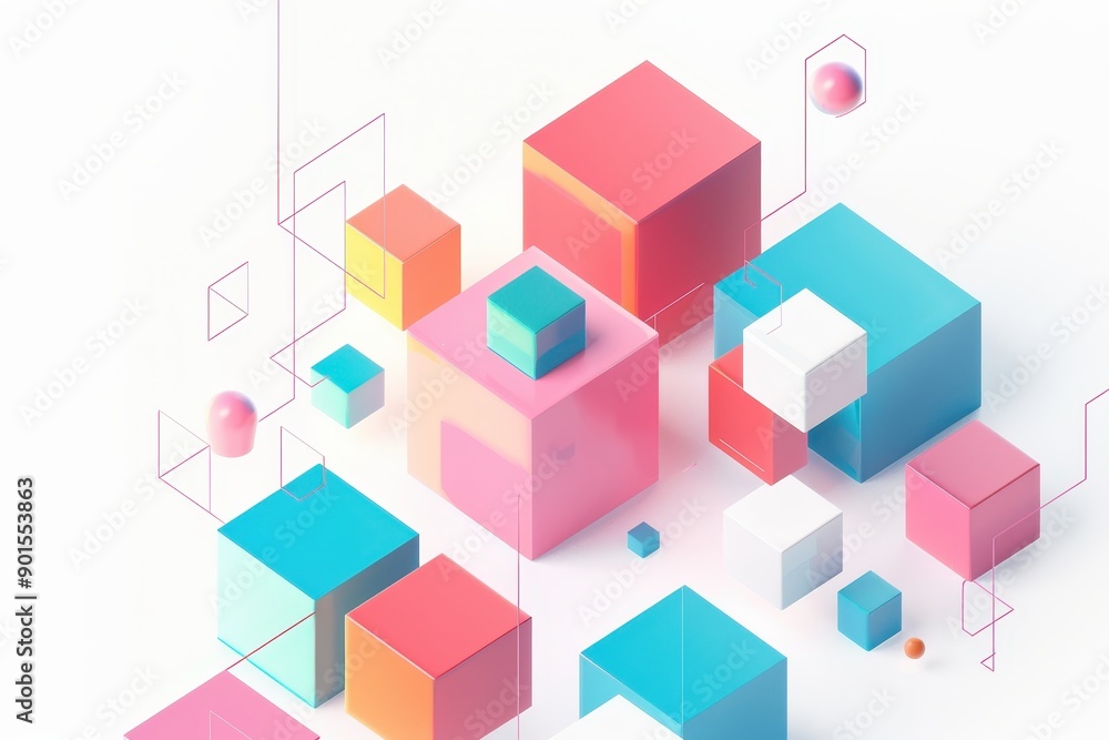 Poster abstract 3d geometric blocks with vibrant colors, showcasing modern design and creativity in a minim