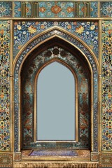 Ancient Persian Palace Frame with intricate mosaics, golden arches, and lush gardens. 