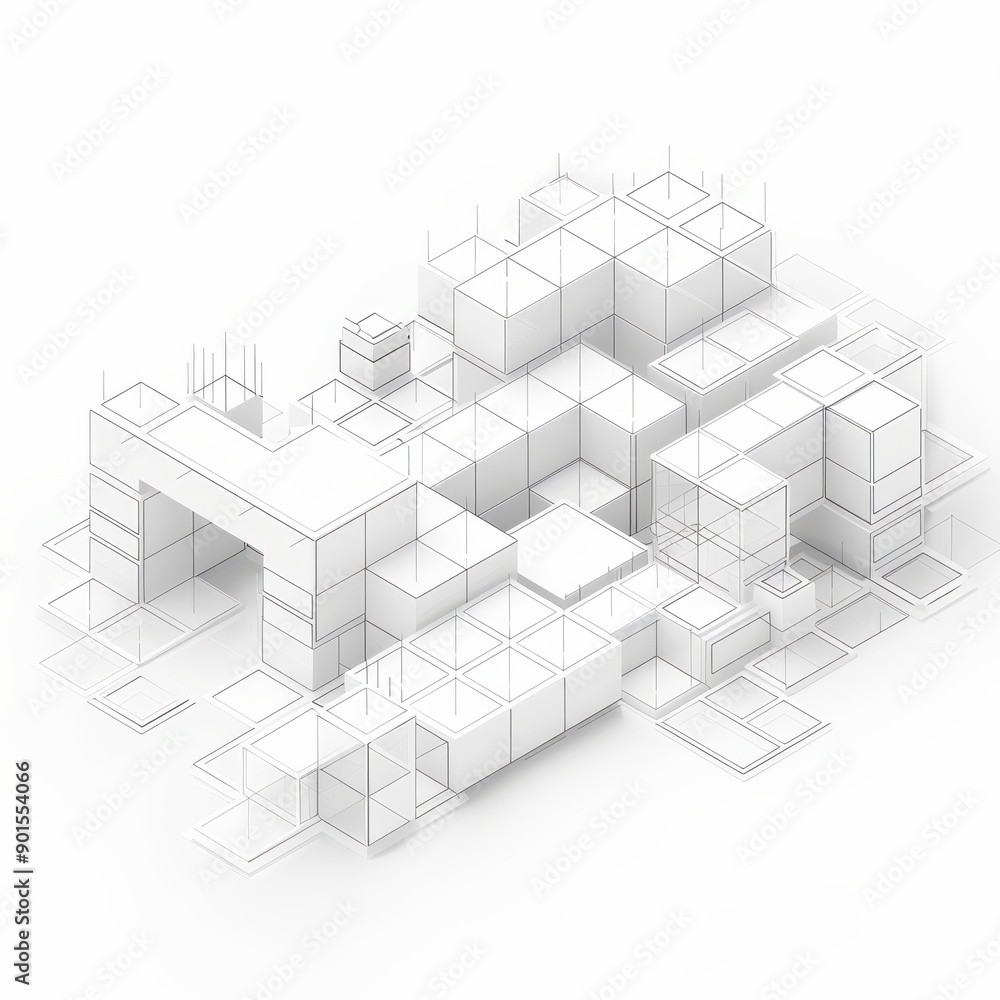 Poster abstract 3d white geometric shapes arranged in a complex structure, minimalist modern design, ideal 