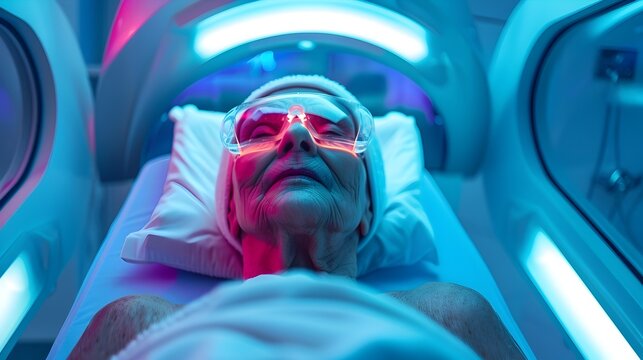 Elderly Person Receiving Advanced Anti-Aging Treatments in Futuristic Spa Setting