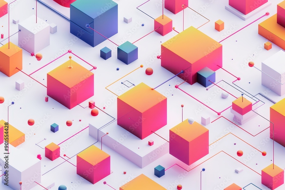 Poster abstract geometric background with colorful 3d cubes and lines in pastel shades, creating a futurist