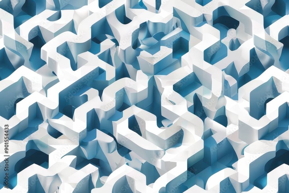 Poster abstract geometric pattern that uses blue and white tones, representing a complex labyrinth or maze-