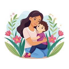 mother and a child hugging in a field of flowers