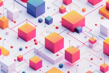 Obraz premium Abstract geometric background with colorful 3D cubes and lines in pastel shades, creating a futuristic and tech-inspired aesthetic.
