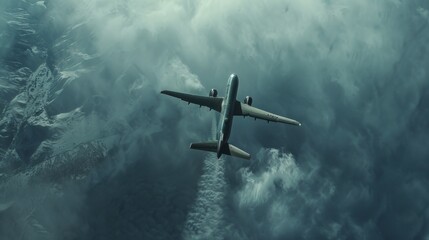 A white jet flying through dark, cloudy skies, leaving a trail behind. Mountain in background, adds contrast to the misty atmosphere.