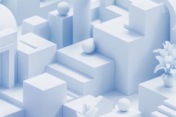 Fototapeta premium Abstract geometric structures with spheres and plants in minimalist pastel blue, creating a modern and serene atmosphere.