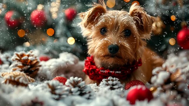 a festive wallpaper featuring cute dog dressed in Santa hats and scarves, christmas decoration tree. seamless looping time-lapse virtual 4k video animation background