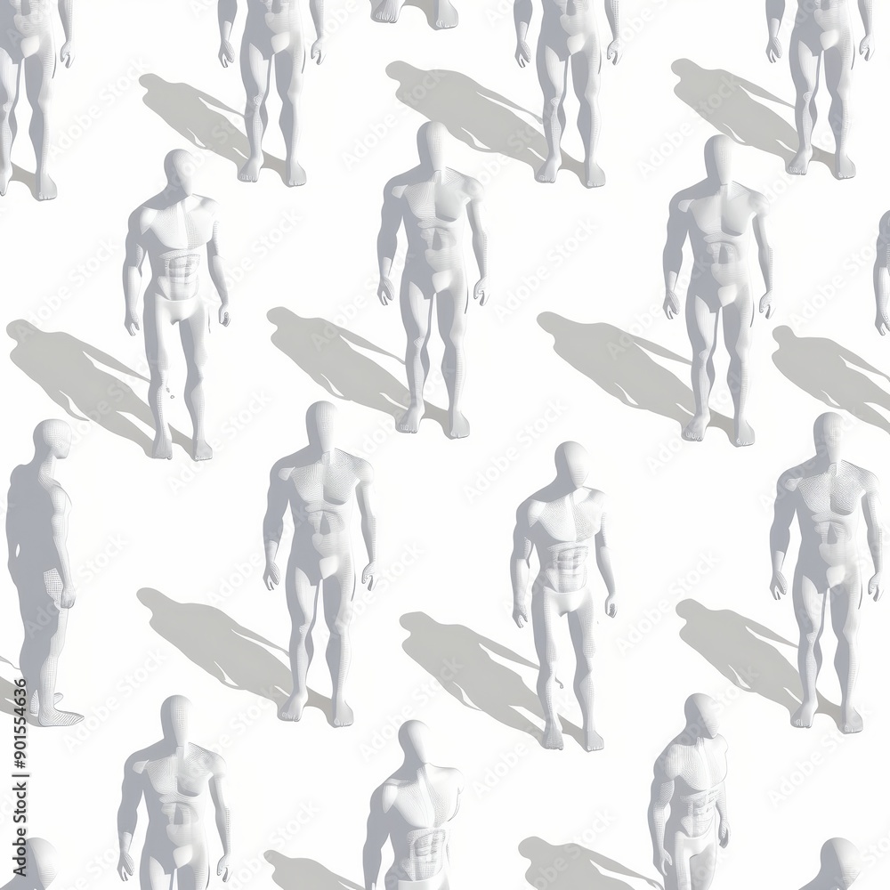 Poster abstract pattern of white 3d human male figures with shadows on white background, creating a modern 