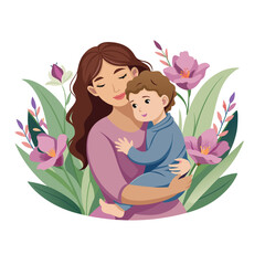 mother and a child hugging in a field of flowers