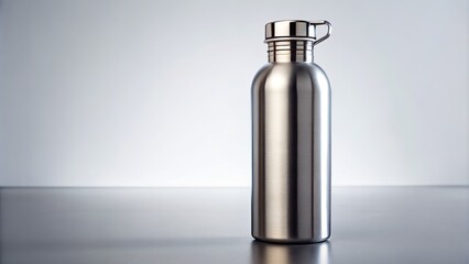 Sleek modern stainless steel refillable water bottle isolated on white background with subtle reflections and soft natural light effect.