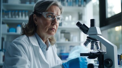 Microscope, senior woman, and scientific check vaccine test for pharmaceutical or medical study. Hospital particles and viral analysis using chemistry, biometrics, and molecules.