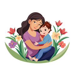 mother and a child hugging in a field of flowers