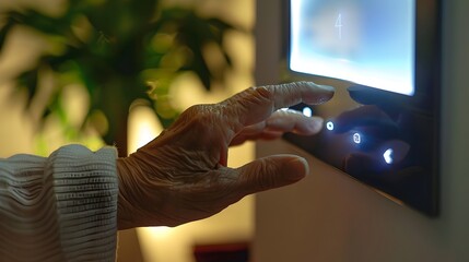 Elderly Person Interacting with Smart Home Control Panel for Assisted Living Solutions