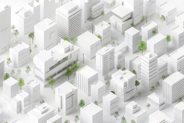 Fototapeta premium Aerial view of a modern, minimalist cityscape with white buildings and green trees, showcasing urban planning and architecture.