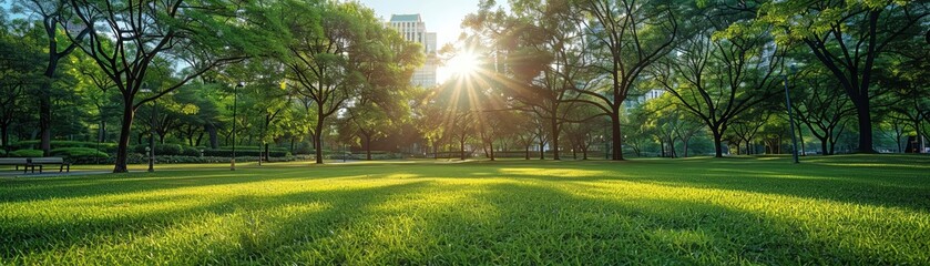 Obraz premium Sunlight filtering through trees in a lush green park.