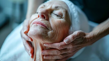 Premium self-care and muscle mending with a head massage and older women at a spa. Healthy older woman on retirement getaway for body therapy at natural salon.