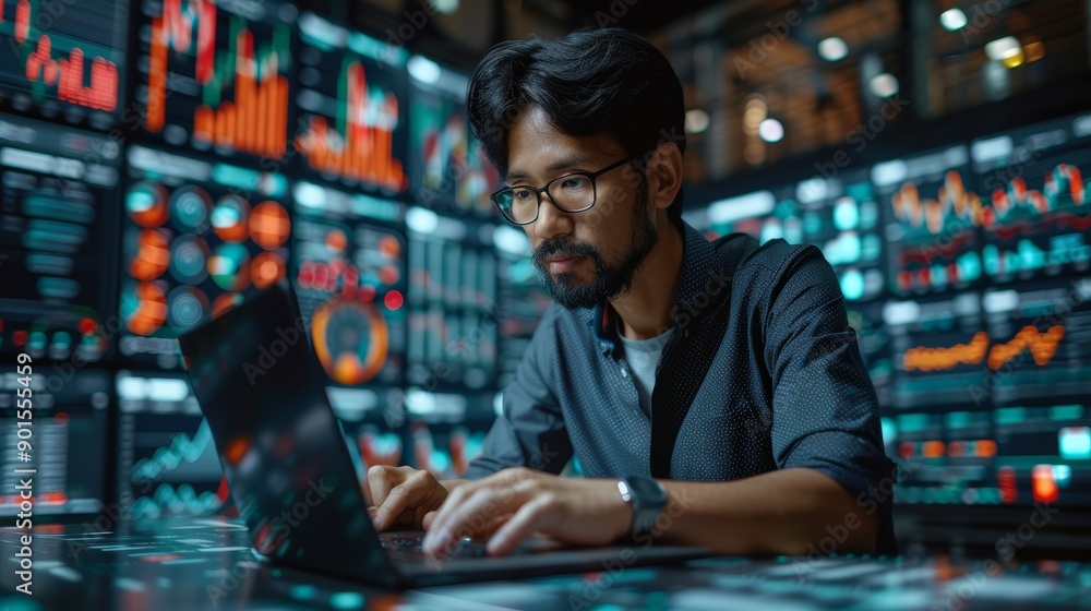 Poster focused analyst analyzing financial data on laptop surrounded by digital graphs and charts in modern