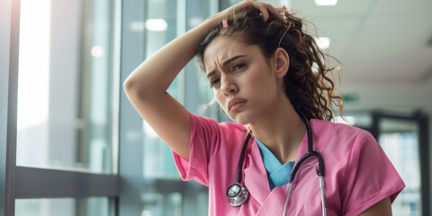Nurse, thinking, stress headache by hospital, clinic, or wellness theater window and mental health burnout or anxiety. Nurse fatigued in surgery error or work risk