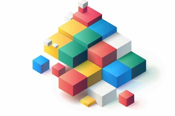 Obraz premium Colorful geometric 3D cubes arranged in abstract pyramid shape on white background. Modern design, vibrantly rendered in isometric style.