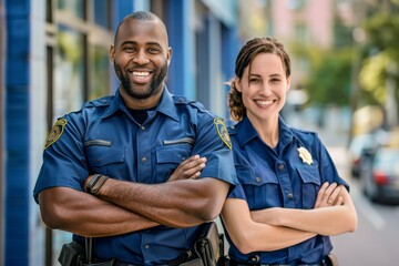 Street security guard, safety officer, and team photo for patrol, protection, and watch. Crime prevention officer and black woman in uniform smile outdoors in the city.