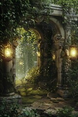 Obraz premium Enchanted Forest Ruins Frame with ancient stone ruins, overgrown with moss and vines, and softly glowing lanterns.