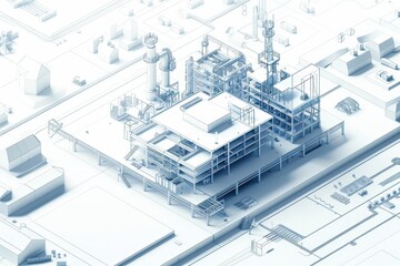 Futuristic architectural model showcasing a complex industrial building with detailed structures and surrounding urban landscape.